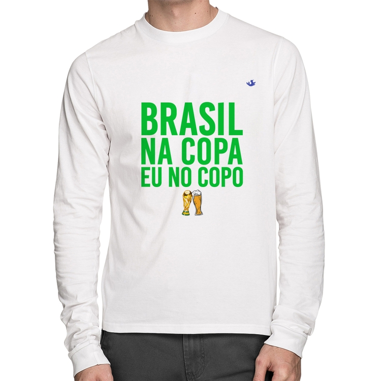 Camiseta Algodão Brasil na Copa eu no copo Manga Longa - Branca