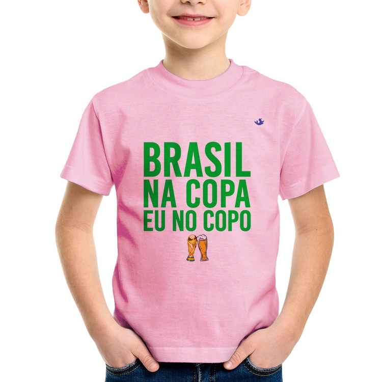 Camiseta Infantil Brasil na Copa eu no copo - Rosa Bebê
