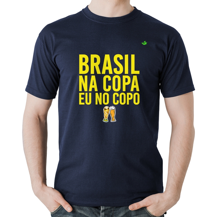 Camiseta Algodão Brasil na Copa eu no copo - Marinho