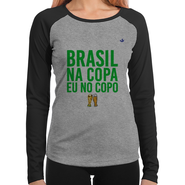 Baby Look Raglan Brasil na Copa eu no copo Manga Longa - Cinza/Preto