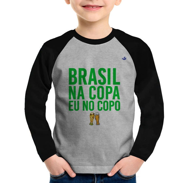 Camiseta Raglan Infantil Brasil na Copa eu no copo Manga Longa - Cinza/Preto