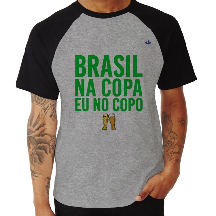 Camiseta Raglan Brasil na Copa eu no copo - Cinza/Preto