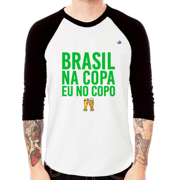 Camiseta Raglan Brasil na Copa eu no copo Manga 3/4
