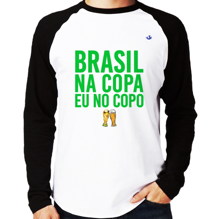 Camiseta Raglan Brasil na Copa eu no copo Manga Longa