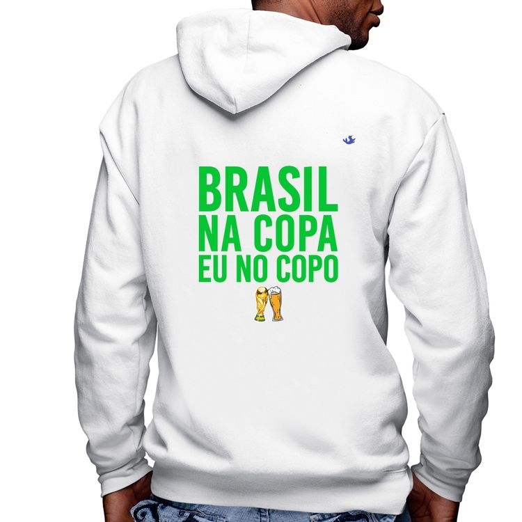 Blusa Moletom Brasil na Copa eu no copo Masculina com Capuz e Zíper - Branca