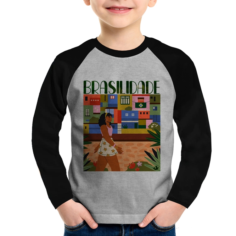 Camiseta Raglan Infantil Brasilidade Manga Longa - Cinza/Preto
