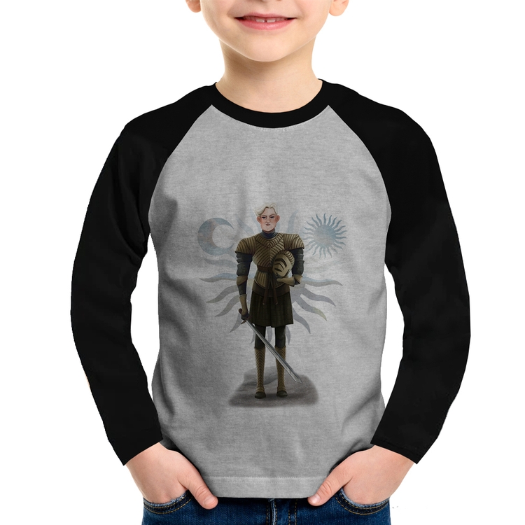 Camiseta Raglan Infantil Brienne of Tarth Manga Longa - Cinza/Preto