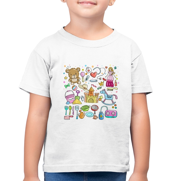 Camiseta Algodão Infantil Brinquedos - Branca
