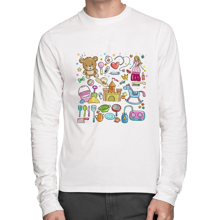 Camiseta Algodão Brinquedos Manga Longa - Branca