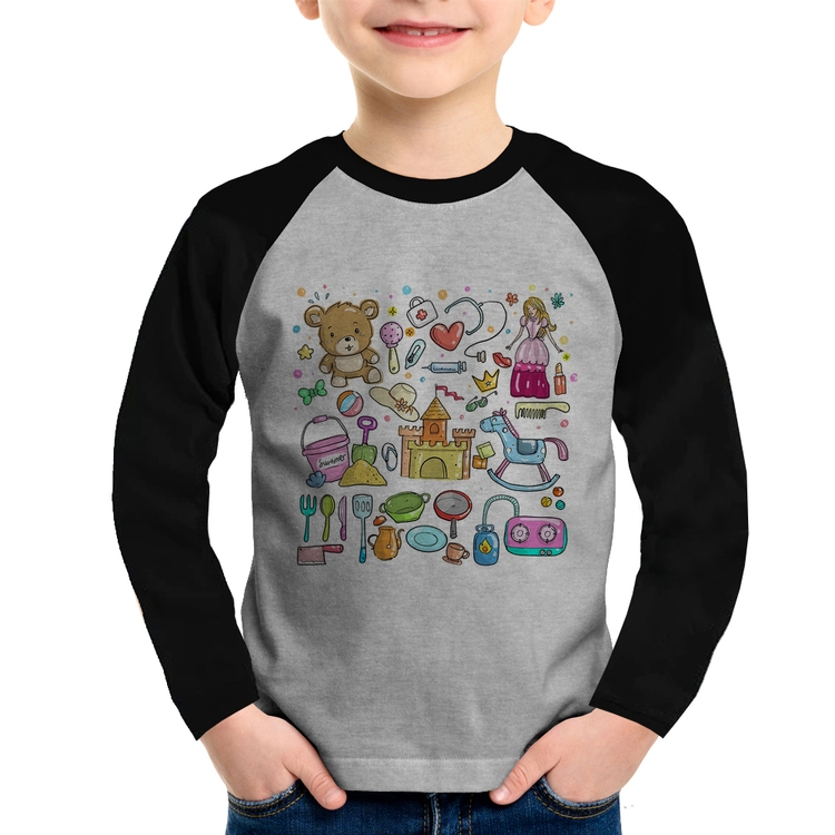 Camiseta Raglan Infantil Brinquedos Manga Longa - Cinza/Preto