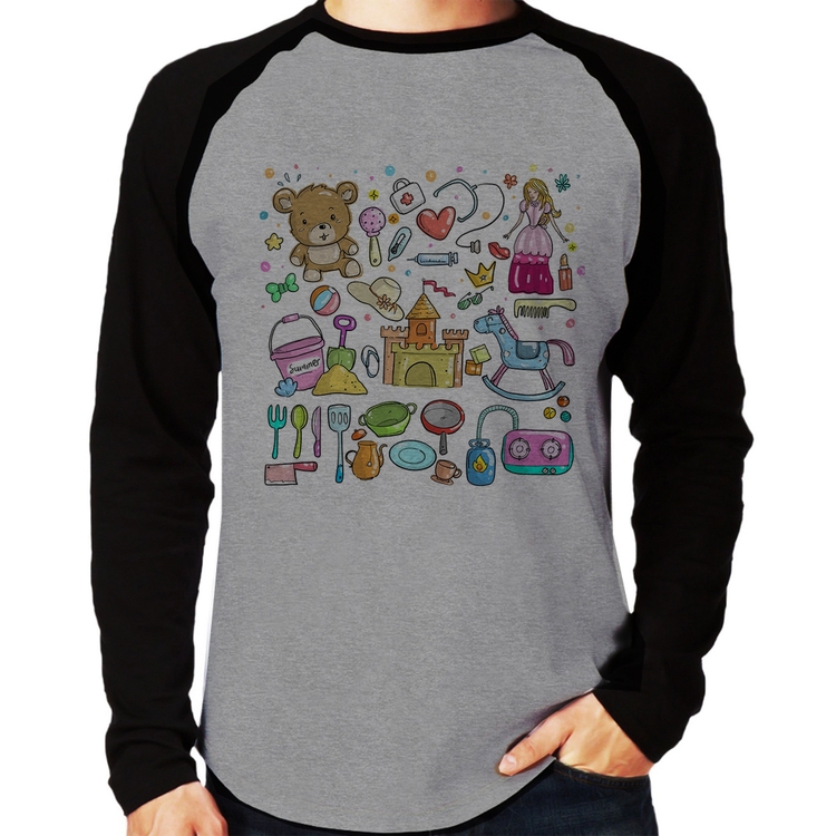 Camiseta Raglan Brinquedos Manga Longa - Cinza/Preto