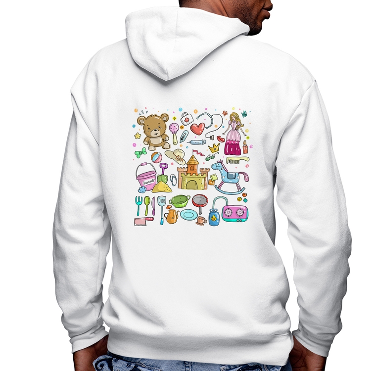 Blusa Moletom Brinquedos Masculina com Capuz e Zíper - Branca