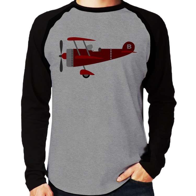 Camiseta Raglan Avião Biplano Manga Longa - Cinza/Preto