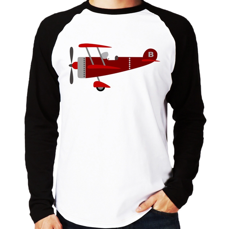 Camiseta Raglan Avião Biplano Manga Longa