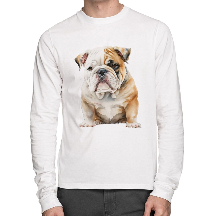 Camiseta Algodão Bulldog-Inglês Manga Longa - Branca