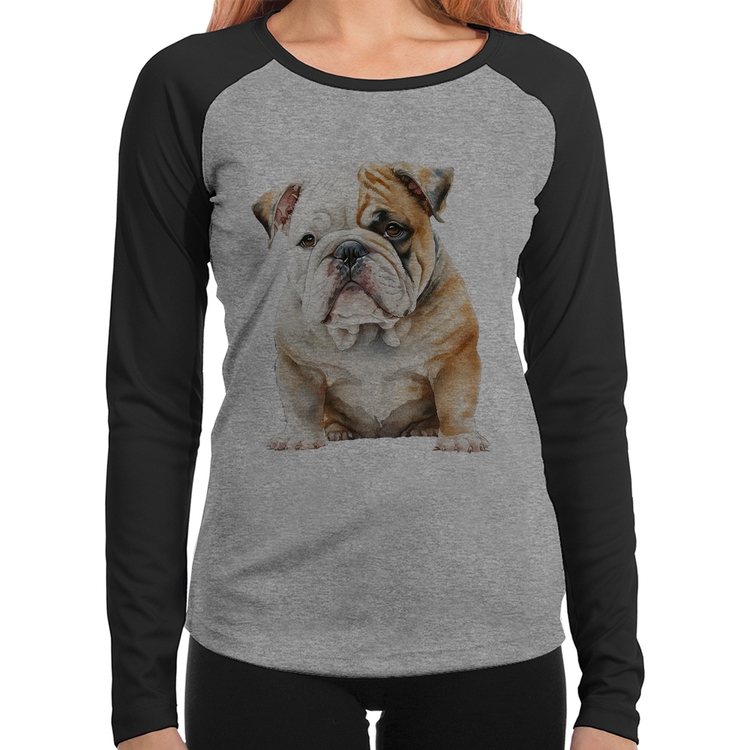 Baby Look Raglan Bulldog-Inglês Manga Longa - Cinza/Preto