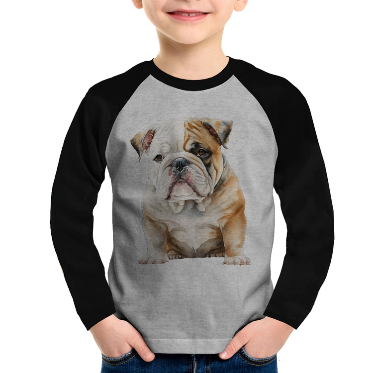 Camiseta Raglan Infantil Bulldog-Inglês Manga Longa - Cinza/Preto