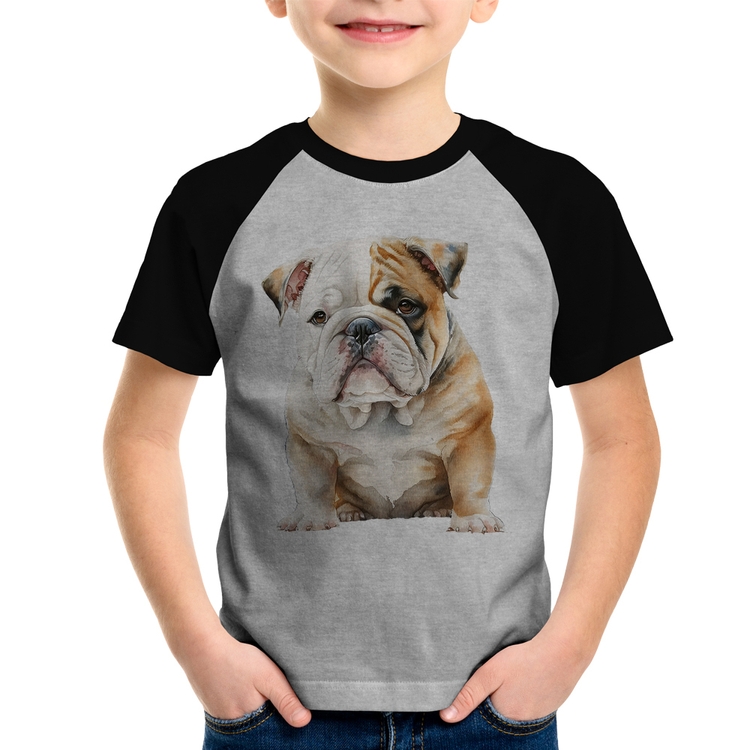 Camiseta Raglan Infantil Bulldog-Inglês - Cinza/Preto