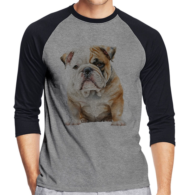Camiseta Raglan Bulldog-Inglês Manga 3/4 - Cinza/Preto