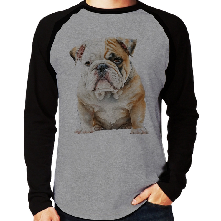 Camiseta Raglan Bulldog-Inglês Manga Longa - Cinza/Preto