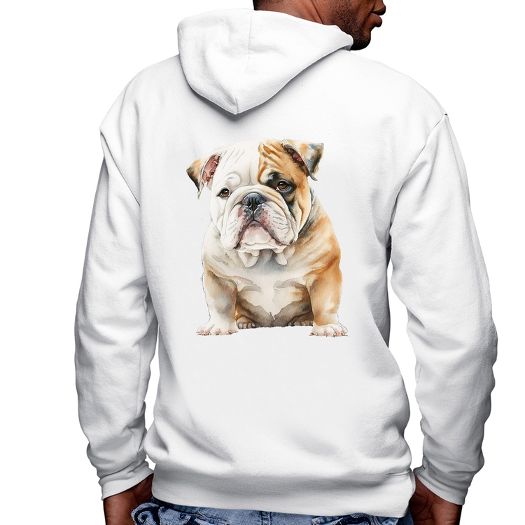 Blusa Moletom Bulldog-Inglês Masculina com Capuz e Zíper - Branca