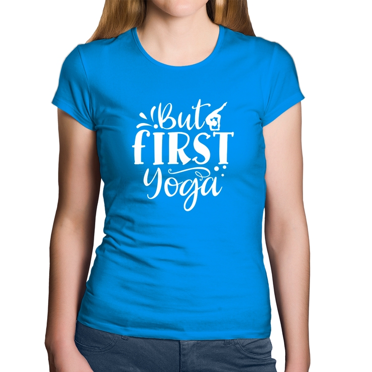 Baby Look Algodão But First Yoga - Azul