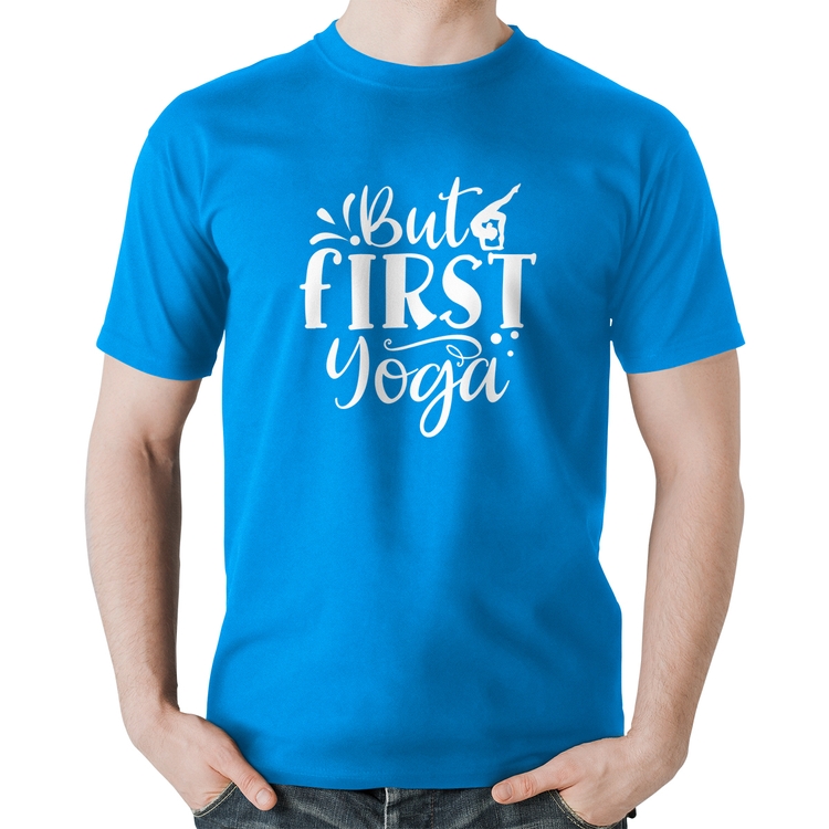 Camiseta Algodão But First Yoga - Azul