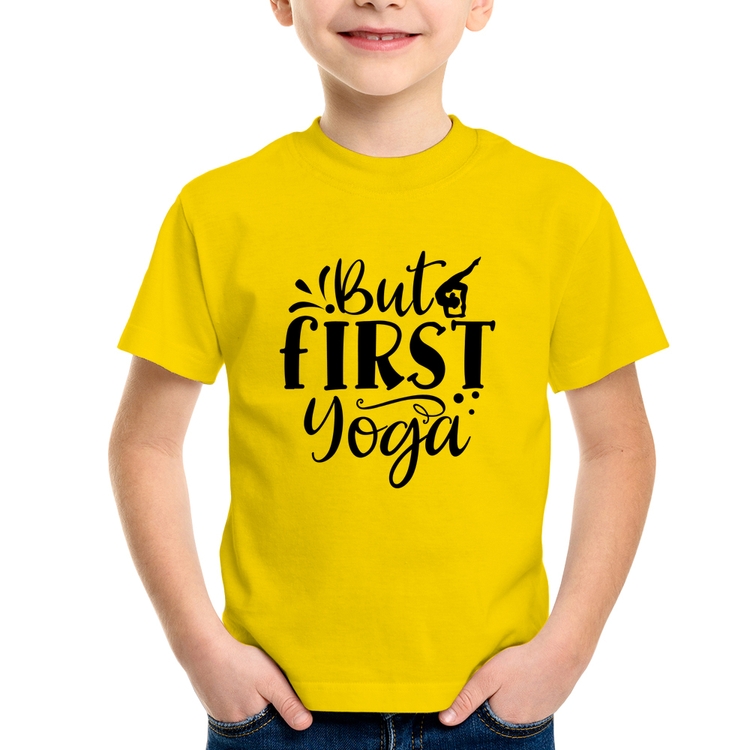 Camiseta Infantil But First Yoga - Amarela