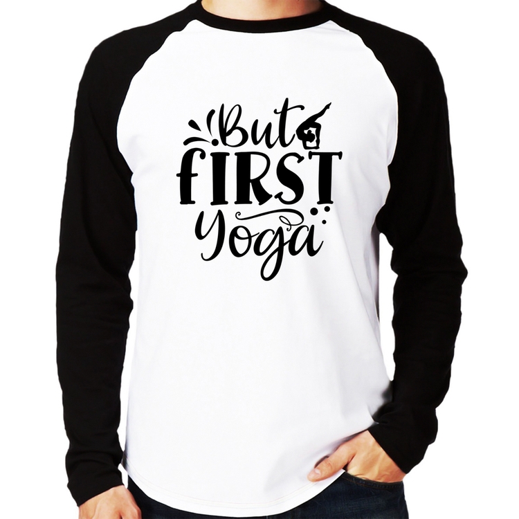 Camiseta Raglan But First Yoga Manga Longa