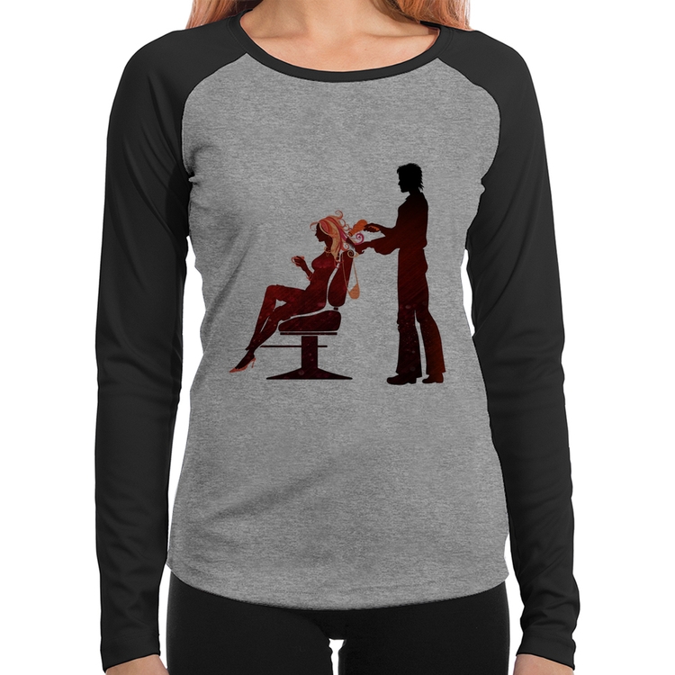 Baby Look Raglan Cabeleireiro Manga Longa - Cinza/Preto