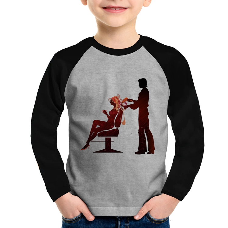 Camiseta Raglan Infantil Cabeleireiro Manga Longa - Cinza/Preto