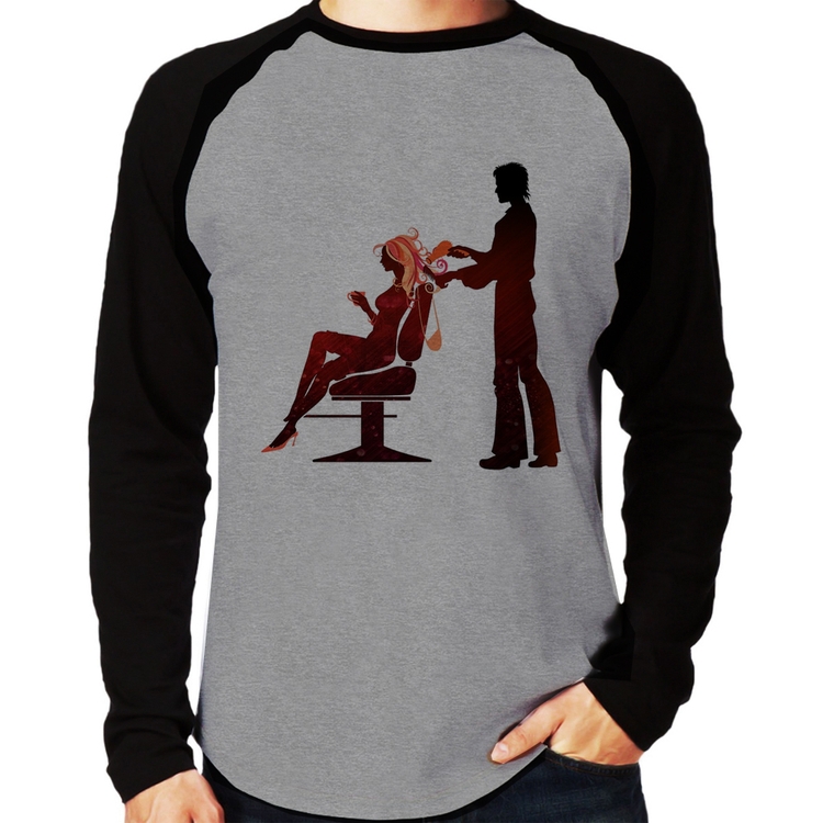Camiseta Raglan Cabeleireiro Manga Longa - Cinza/Preto