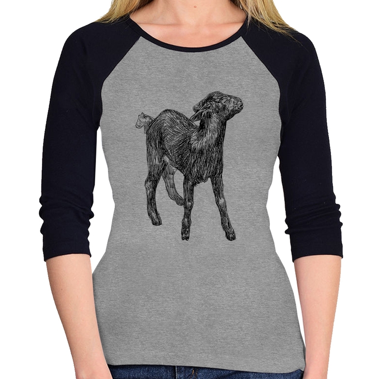 Baby Look Raglan Cabra Manga 3/4 - Cinza/Preto