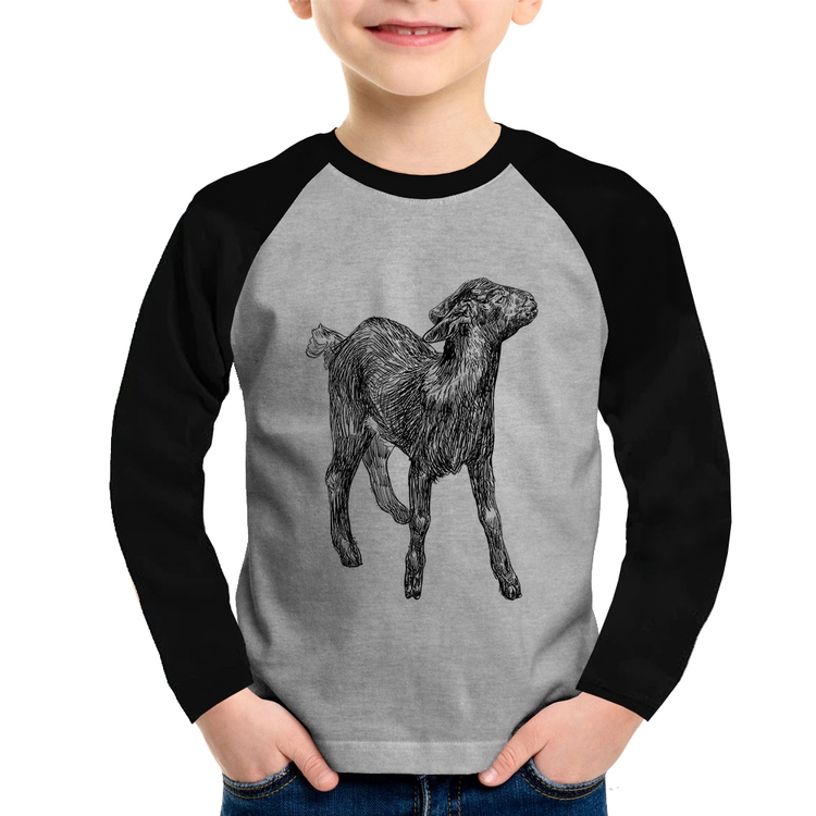 Camiseta Raglan Infantil Cabra Manga Longa - Cinza/Preto