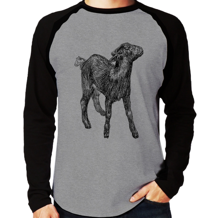 Camiseta Raglan Cabra Manga Longa - Cinza/Preto