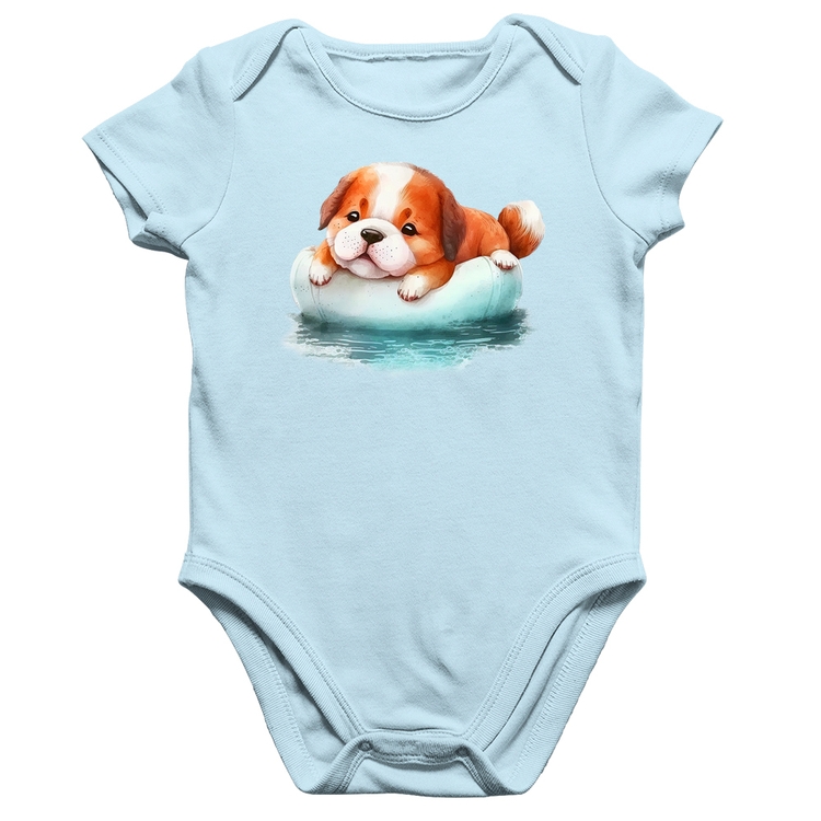 Body Bebê Algodão Cachorrinho Na Piscina  - Azul Bebê