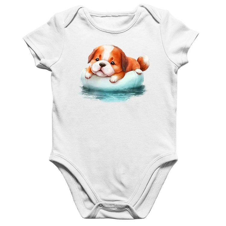 Body Bebê Algodão Cachorrinho Na Piscina  - Branco