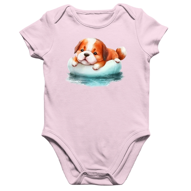 Body Bebê Algodão Cachorrinho Na Piscina  - Rosa Bebê