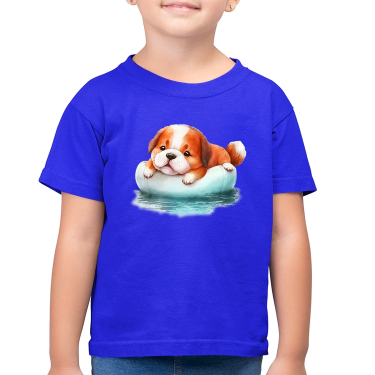 Camiseta Algodão Infantil Cachorrinho Na Piscina  - Azul Royal