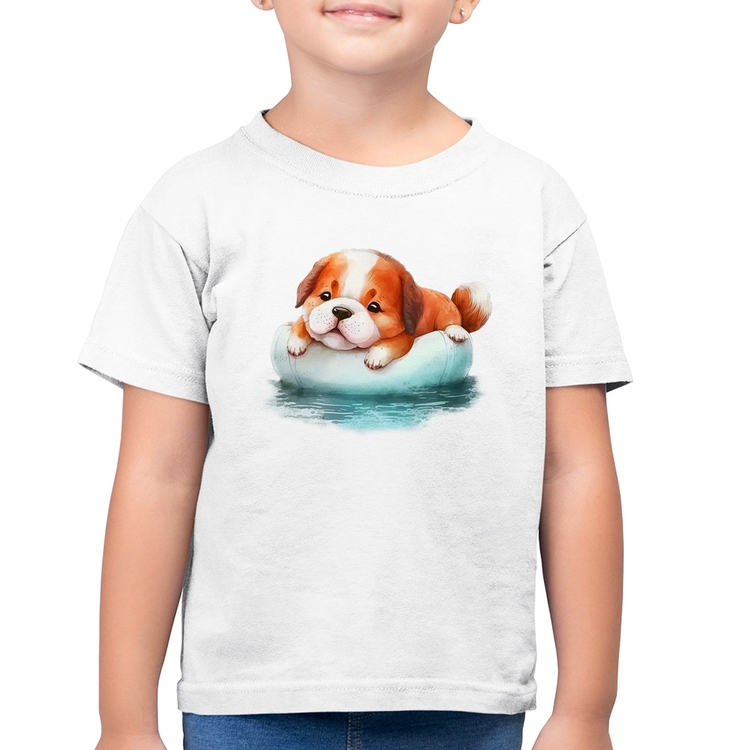 Camiseta Algodão Infantil Cachorrinho Na Piscina  - Branca