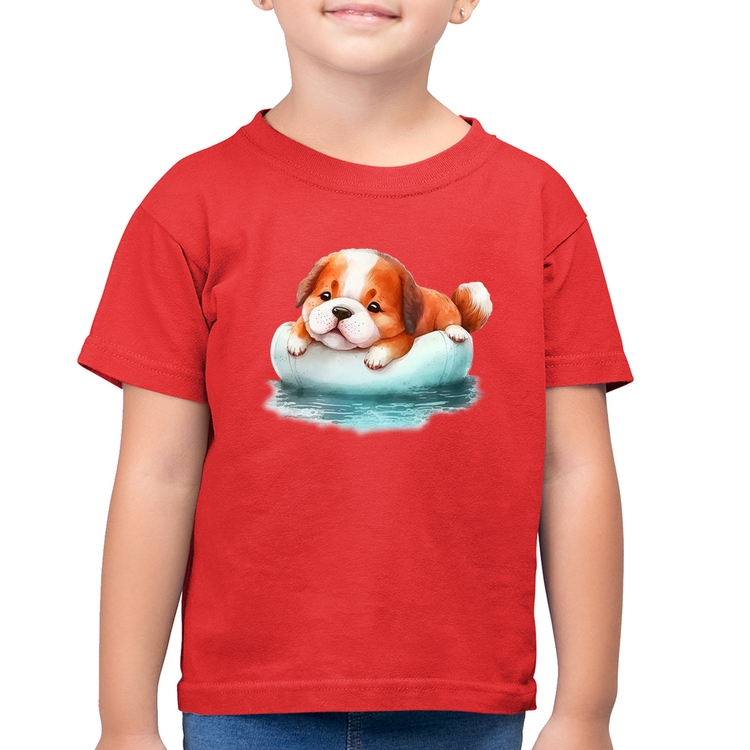 Camiseta Algodão Infantil Cachorrinho Na Piscina  - Vermelha