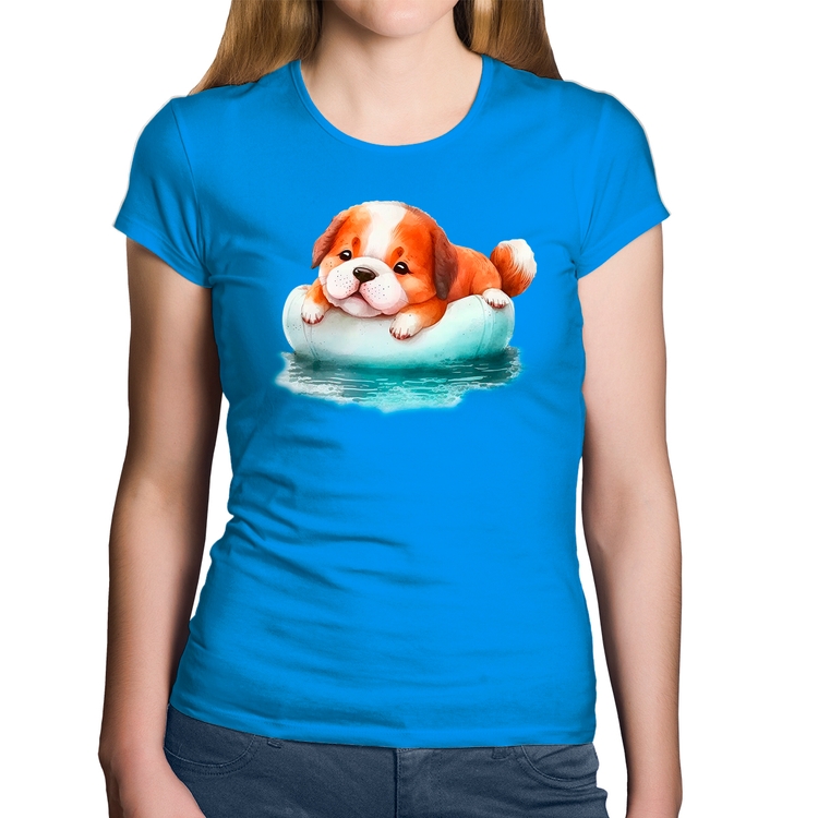 Baby Look Algodão Cachorrinho Na Piscina  - Azul