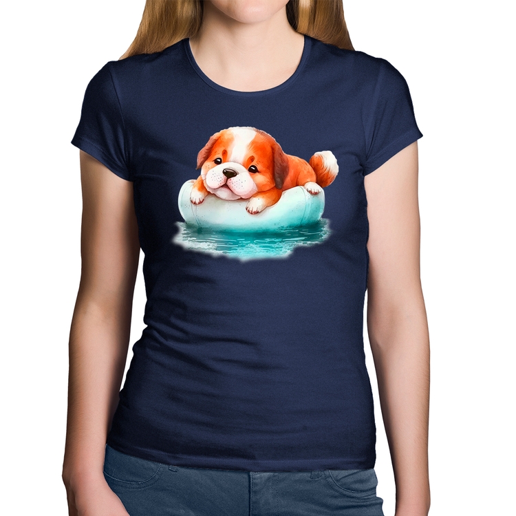 Baby Look Algodão Cachorrinho Na Piscina  - Marinho