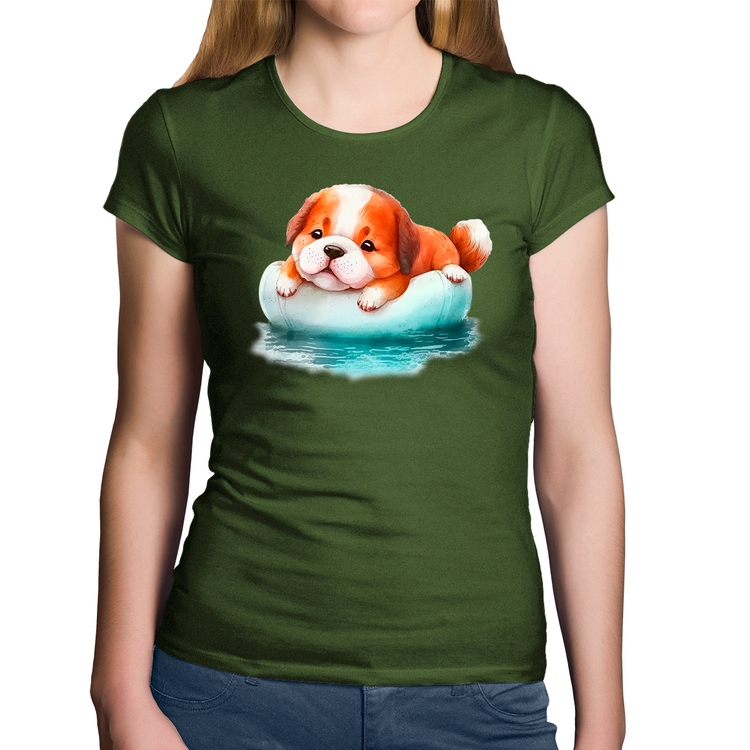 Baby Look Algodão Cachorrinho Na Piscina  - Musgo