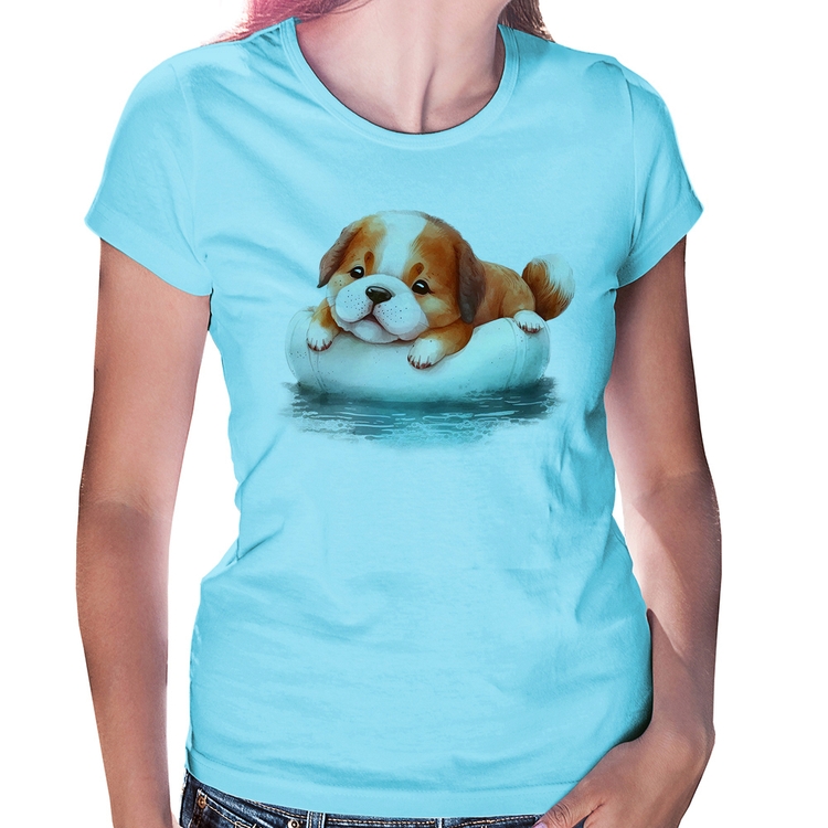 Baby Look Cachorrinho Na Piscina  - Azul Bebê