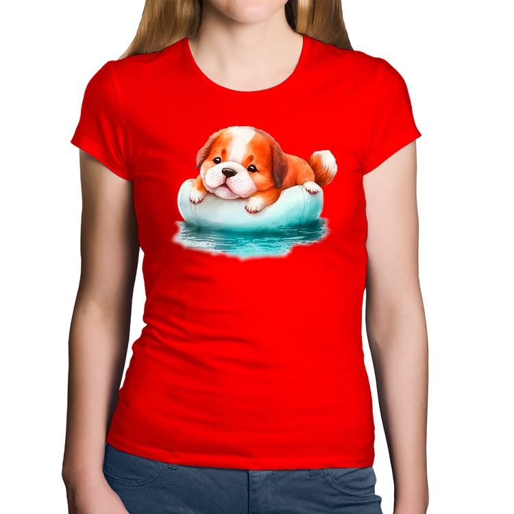 Baby Look Algodão Cachorrinho Na Piscina  - Vermelha