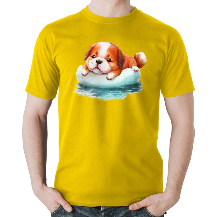 Camiseta Algodão Cachorrinho Na Piscina  - Amarela