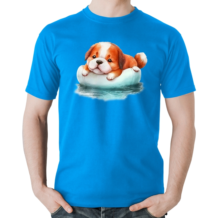 Camiseta Algodão Cachorrinho Na Piscina  - Azul