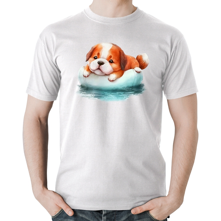 Camiseta Algodão Cachorrinho Na Piscina  - Branca