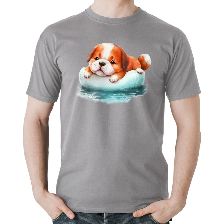 Camiseta Algodão Cachorrinho Na Piscina  - Cinza